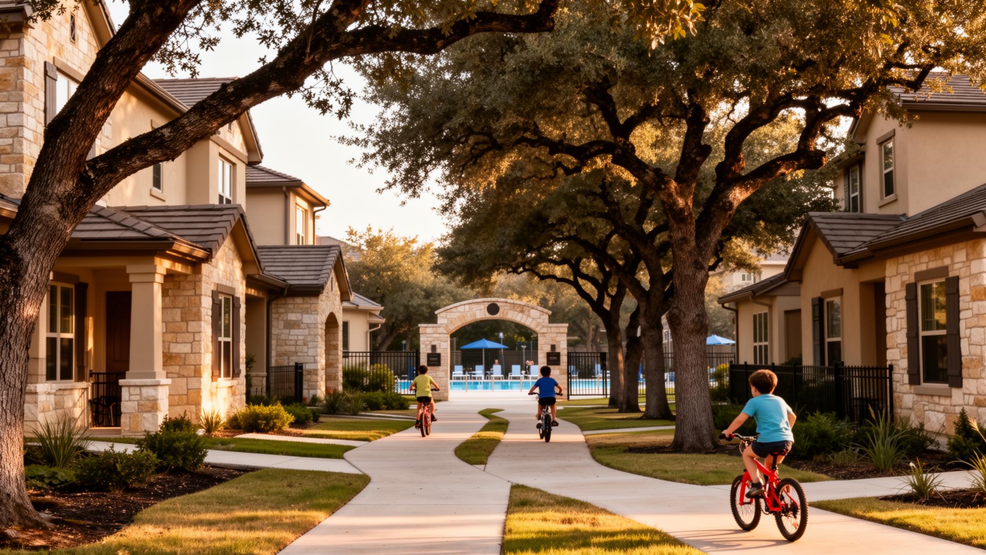 Meridian at Circle C Ranch street with mature live oaks and community pool