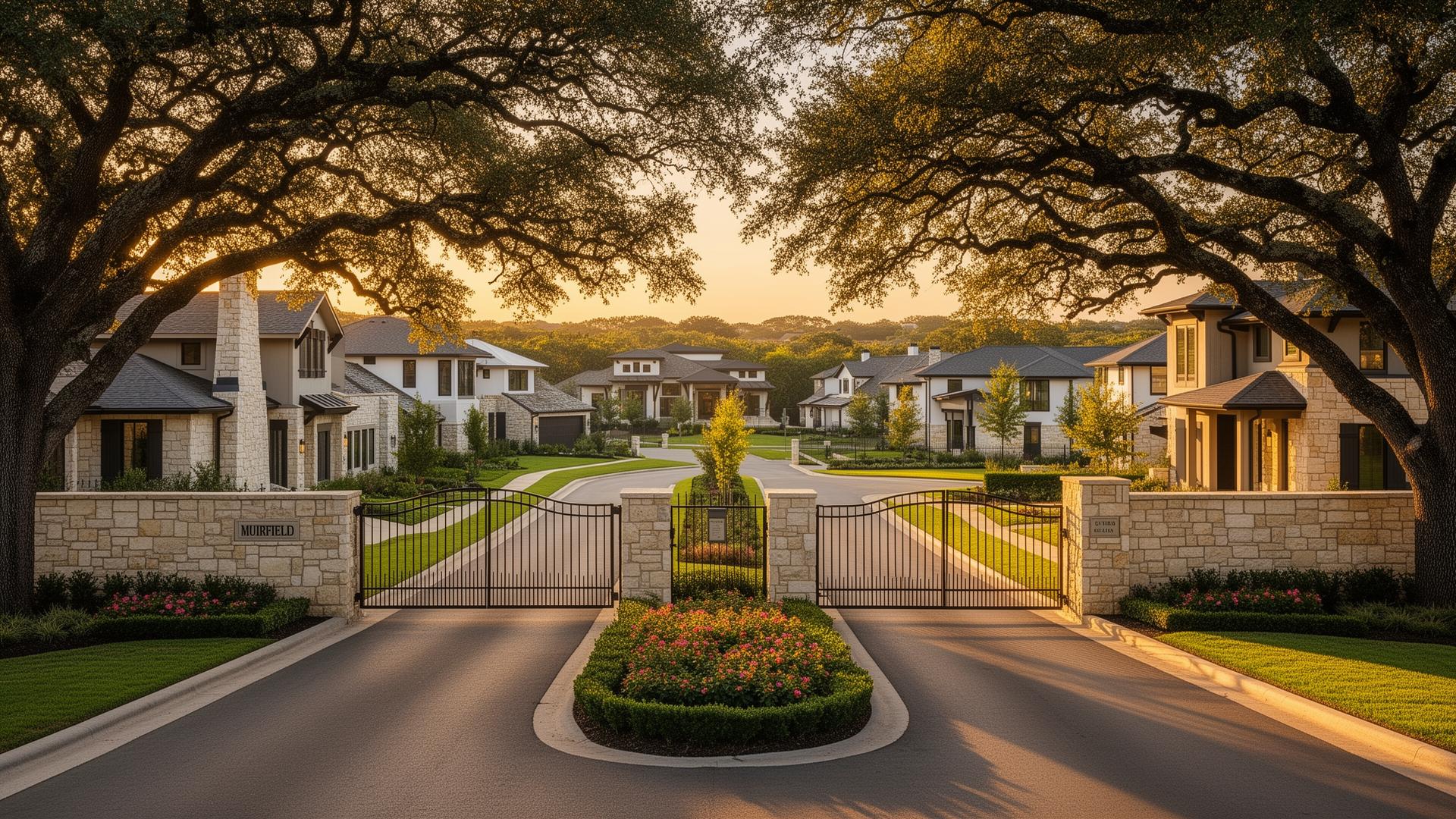 Muirfield gated entry inside Circle C Ranch Austin TX at golden hour